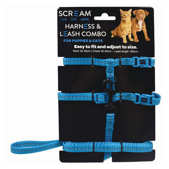 SCREAM REFLECTIVE ADJ. NYLON CAT/PUPPY 1CM HARNESS W/LEASH LOUD BLUE