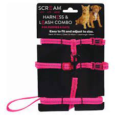 SCREAM REFLECTIVE ADJ. NYLON CAT/PUPPY 1CM HARNESS W/LEASH LOUD PINK