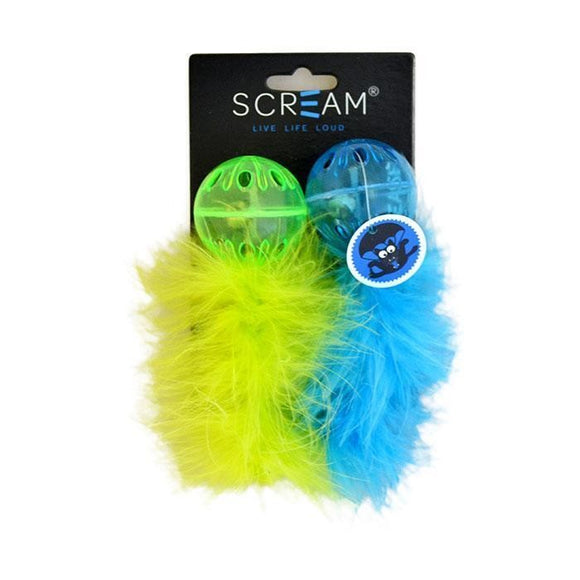 SCREAM LATICE BALL W/FEATHERS LOUD GREEN AND BLUE 2PK