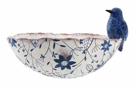 BLUE PATTERNED WALL POT WITH BIRD